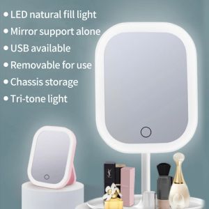 Spiegel, LED-Licht, Make-up-Spiegel, Aufbewahrung, LED-Gesichtsspiegel, verstellbarer Touch-Dimmer, USB-LED-Eitelkeit, Hintergrundbeleuchtung, Tisch-Kosmetikspiegel