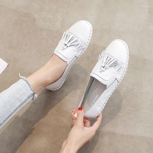 Casual Shoes Spring Vintage Women's Flats Retro Female Split Leather Loafers Round Toe Tassel Wedge Low Heels 3 Färger