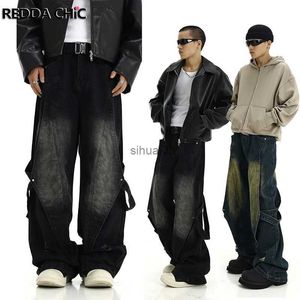 Men's Jeans Reddachic Belt Deconstructed Luggage Jeans Mens Retro Wash Damaged Spliced Straight Casual Wide Leg Pants Y2k Street SuitL2403