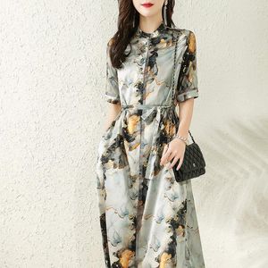 Festklänningar 2024 Summer Women's Chinese Style Ink Printing Elegant Real Silk A-Line Short Sleeved Vestidos