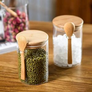 Barattoli 2 pezzi Barattolo di vetro Cucchiaio Contenitori per zucchero con coperchi di bambù Stoccaggio vuoto Caffè Sigillato ermeticamente Farina alimentare e trasparente 12x8,5 cm