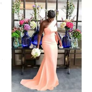 Peach Sexy Mermaid Bridesmaid Dresses For African Black Girl One Shoulder Long Satin Wedding Party Dress Women Formal Prom Gowns Cg001