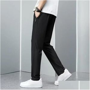 Mens Pants Men Casual Trousers Loose Straight Dstring With Elastic Waist Pockets Breathable Ankle-Length For Daily Drop Delivery Appar Ot37Q