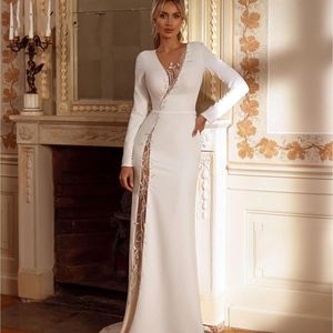 Morden Lace Beading Wedding Dress for Bride Women Mermaid Shiny Side SPLT Button Open Back Satin Brudklänningar Vestidos de Noiva