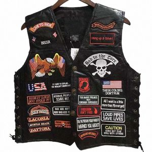 2024 nova motocicleta coletes de couro curto único breasted 42 patches fi bordado sleevel jaqueta punk colete para homens w6dj #