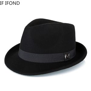 Hüte Männer Winter Dicke Warme Filz Fedora Hüte Wolle Gentleman Jazz Cap Homburg Männlich Klassische Schmale Krempe Top Hut