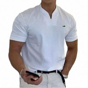 Högkvalitativ vår och sommar Pure Cott% Men's V-ringning Kort ärm T-shirt Casual Sports Breattable Short Sleeved T-shirt F9ea#