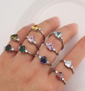 Bröllopsringar Böhmen Koreanskt mode Lovely Heart Shaped CZ Silver för Women Lover Wift Gift Pink Green Yellow Blue Purple3990807