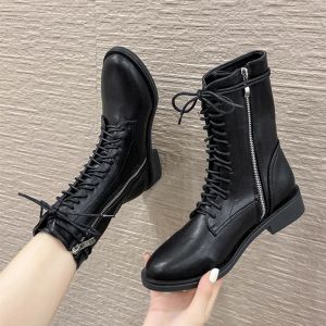 Botas Crostied Motorcycle Boots Women Botas Midcalf Booties Inverno Sapatos Hightop Mulher Lace Up Riding Botas Feminino Grande Tamanho 42/43