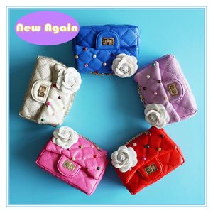 Designer Färgglada Pearl Shoulder Bags for Kids Childrens Flower Coin Purses Girls Small Pu Leather Wallet Child Pouch AryB050
