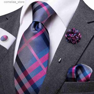 Neck Ties Neck Ties Mens Necktie Luxury 8.5cm Wide Blue Purple Plaid Silk Wedding Tie Pocket Square Cufflink Set Brooch Gift For Men Hi-Tie Designer Y240325