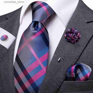 Gravatas Gravatas Gravatas Mens Gravata Luxo 8.5cm Largura Azul Roxo Xadrez De Seda Gravata De Casamento Bolso Quadrado Cufflink Conjunto Broche Presente Para Homens Hi-Tie Designer Y240325