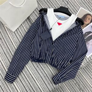 Striped Fake Two Piece Shirts Tops For Women Metal Badge Vest Shirt Fashion Short Style Blouse Tees