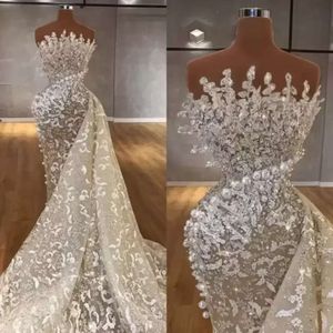 Mermaid Wedding Bridal Dresses Gown Lace Applique Beaded Pearls Sweep Train Organza Designer Illusion Custom Made Plus Size Vestido De Novia
