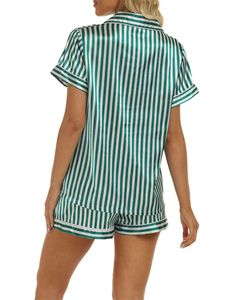 Women s Casual 2 Piece Satin Pajama Set Short Sleeves Button Shirt and Elastic Shorts for Loungewear Soft PJS Sleepwear 240228