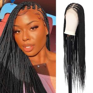 Fecihor 36 Zoll 13x8 HD vorne geflochten für Frauen knotenlose Box-Perücke mit Babyhaar synthetische Spitze schwarze Zopfperücken