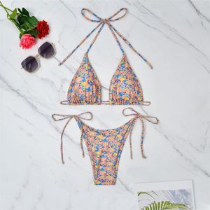 Women's Swimwear Floral Bikini String Push Up Swimsuit Halter Backless Y2K Trend Women Two Piece Beach Micro Thong Vacation Bathing Suit