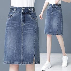 Saias Biyaby Split Jean A-Line Saia Mulher 2024 Verão Cintura Alta Botões Duplos Azul Midi para Mulheres Coreano Escritório Denim