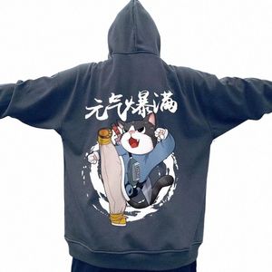 men's Zipper Y2K Hoodies Vitality Kung Fu Cat Print Streetwear Hip Hop Hooded Sweatshirt Harajuku Fi Coat hombre sudaderas M61Q#