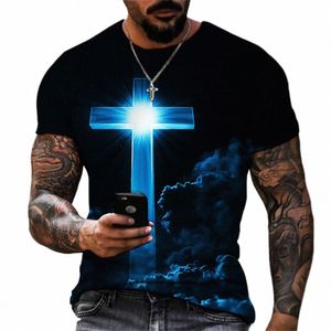 Christian Mens 의류 T 셔츠 대형 티셔츠 고딕 예수 그리스도 크로스 3D 프린트 O- 넥 상판 빈티지 힙합 짧은 슬리브 C7PO#