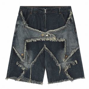 Vintage Tassel Star Denim Shorts Splicing Loose Jeans Shorts 2023 Men Hip Hop Streetwear Harajuku Y2K Shorts Summer Z3ye#