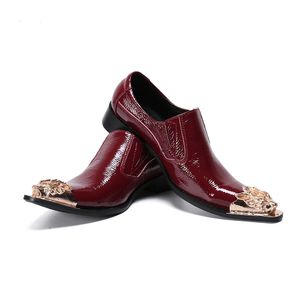 Scarpe eleganti da uomo formali in pelle punta in metallo dorato da lavoro vino rosso scarpe da festa di nozze da uomo, taglia grande US6-12