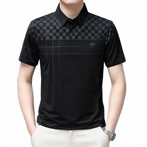 summer New Men's Fi Thin Short Sleeve Polo Shirt Busin Casual Men's Striped Printed T-shirt n2Qg#