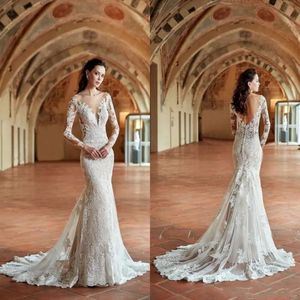 Abiti da sposa a sirena dal design vintage nuovi e autunnali, girocollo, maniche lunghe trasparenti, applicazioni di pizzo, abiti da sposa sexy con schiena bassa