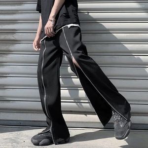 Calças masculinas y2k frente zíper split homens reto solto dança calças masculinas preto chique chão comprimento streetwear menino bonito pantalon