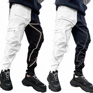 Erkek gündelik siyah beyaz patchwork kargo pantolon gevşek artı çizgili çok cep jogging spor fitn hip hop jogger pantolon l1kp#