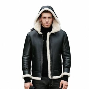 winter Genuine Mens Leather Jacket Real Fur Coat Men Sheep Shearling Natural Fur Sheepskin Coats Hooded Plus Size Aviator Jacket h4sq#