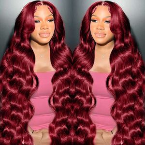 99j Bury 26 Inch 13x4 Body Wave Pre Plucked Glueless Wig Wine Red Lace Front Human Hair Wigs for Women Reddish Brown 180 Density 10A