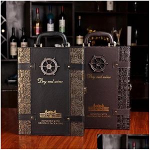 Bar Tools Home Storage Organizer Wooden Wine Box Pu Leather Red Portable Double Packing Gift Luxury Holder 231205 Drop Delivery Garden Otrjd