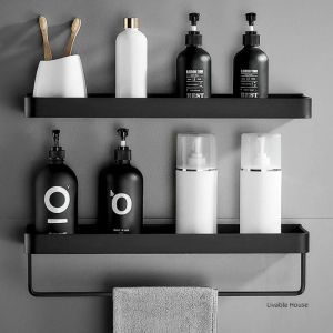 Sätt badrumshylla Black Corner Shees Organizer Dusch Storage Rack Wall Mounted Aluminium Toalett Shampo Holder Hardware Accessori