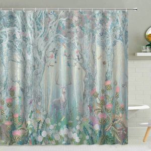 Curtains Elk Flower Bird Butterfly Dragonfly Dandelion Waterproof Fabric Shower Curtain Dream Forest Landscape Bathroom Curtains, Hooks