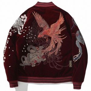 Tjockna Bomber Jacket män drar Phoenix Animal Embroided Jbaseball Ackets vinter japanska retro outwear varm veet coat 2022 d18a#