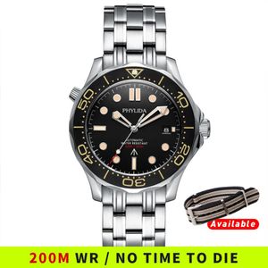 Phylida Black Dial Miyota PT5000 Automatisk Watch Diver NTTD Style Sapphire Crystal Solid Armband Waterproof 200m 210310263s