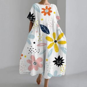 Aline Dress Bohemian Style Floral Printed Midi For Women Loose Round Neck Kort ärm Soft Overdimased Beach Travel Summer 240321