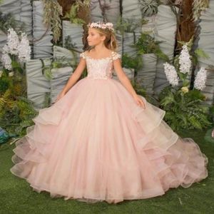 Abiti da ragazza stile applique floreale abito a fiori in pizzo tulle a strati gonfi festa di compleanno di Natale per abito da ballo per bambini principessa