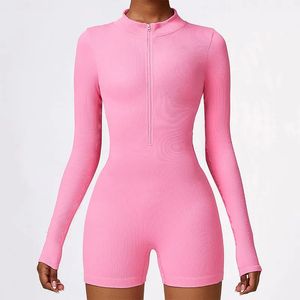 Sem costura conjunto de yoga das mulheres macacões terno de uma peça com zíper ginásio push up roupas de treino fitness bodysuit roupas esportivas 240322