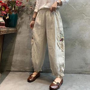 Women's Pants Retro Ethnic Style Embroidered Lace Trim Cotton Linen Women Loose Slim Casual Elastic Breathable Lantern Streetwear