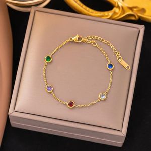 Link Armbänder 2024 Elegante Edelstahl Bunte Kubische Zirkon Armband Für Frauen Gold Handgelenk Kette Armreif Schmuck Geschenk Femme