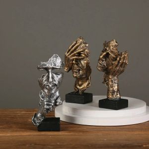 Sculptures Nordic Simple Abstract Resin Statue Silence Is Gold Mask Sculpture Thinker Figurine Home Office Decoration Accessories Art Gifts