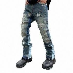 high Street Retro Ink Spl Patchwork Ripped Jeans Flare Pants Men and Women Straight Casual Oversized Loose Denim Trousers y4EM#