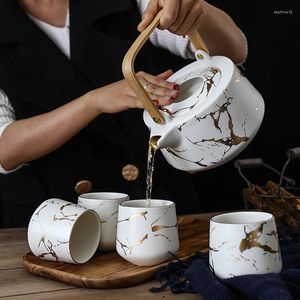 Set da tè Set da tè marmorizzato per la casa Tazza da pomeriggio in ceramica in bianco e nero in stile giapponese con teiera di supporto base in acacia Mangium