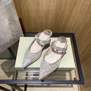 Pantofole con paillettes garza di classe tacchi alti da donna 2024 primavera ed estate nicchia sexy strass sandali piatti a punta