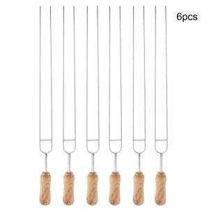 Garfos 6 pcs churrasco garfo elétrico em forma de churrasco garfo de aço inoxidável garfo de madeira lidar com churrasco grelhar espetos