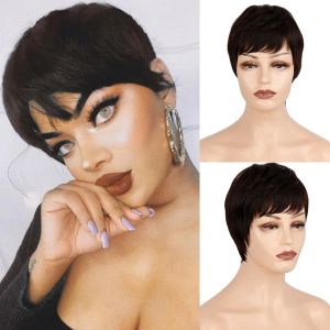 Perucas sintéticas moda feminina curto preto reto cabelo natural peruca completa cabelo natural resistente ao calor peruca de uso diário