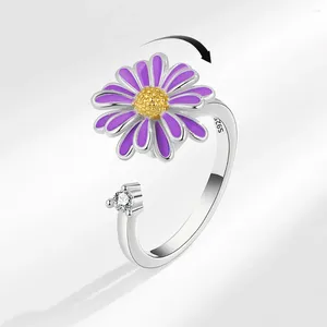 Cluster Rings Purple Enamel Daisy Rotating Women'S Engagement Joint Ring Anxiety Relief Spinner Fidgets Adjustable Open Anillos Mujer