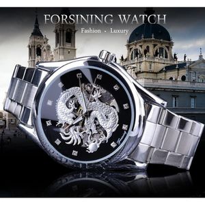 Forsining Diamond Montre Design Silver Stainless Automatic Dragon Display Men Homme 럭셔리 시계 손목 브랜드 클래식 Top Steel H274S